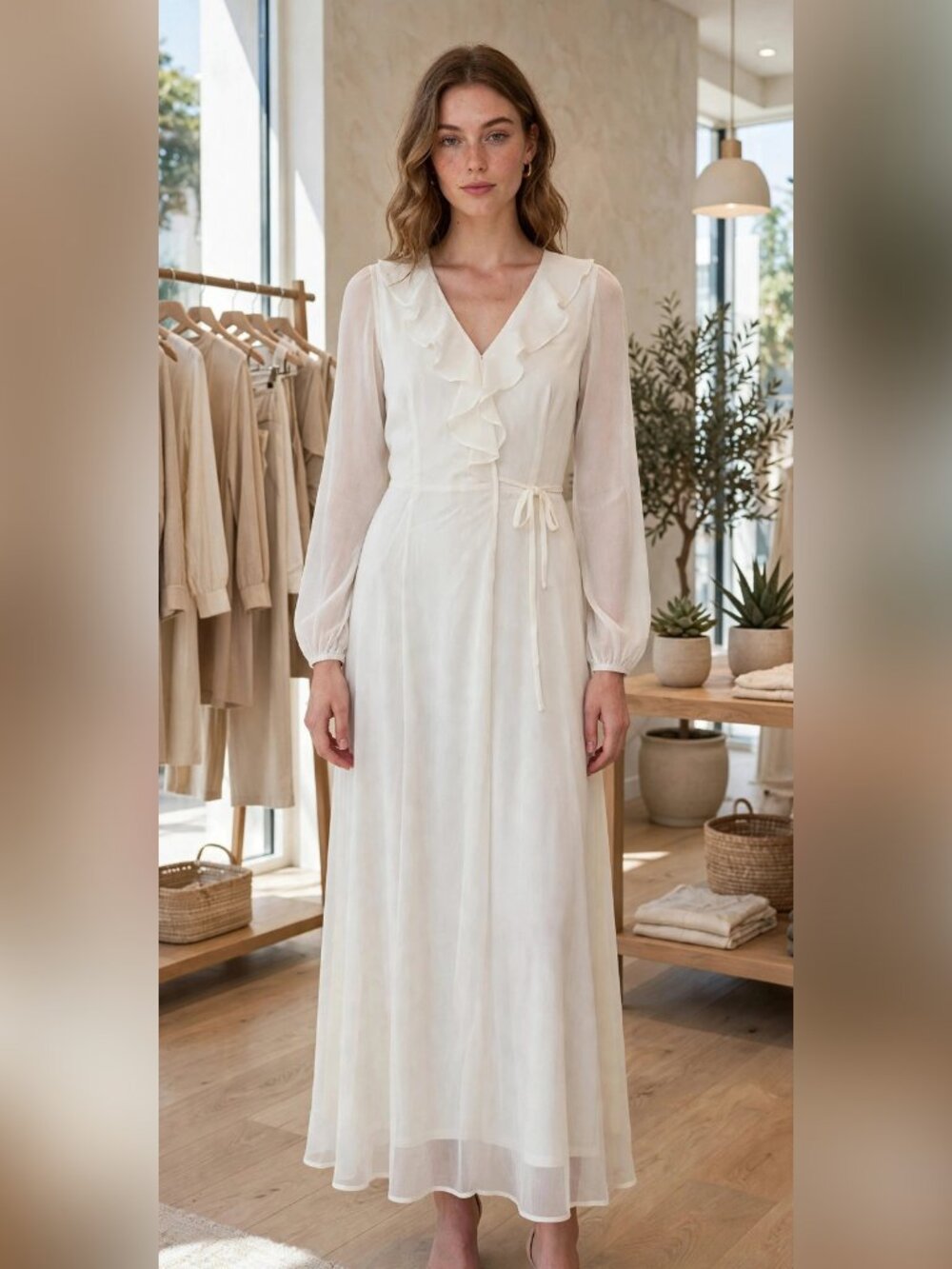 HYFVE White Maxi Dress Ruffle V-Neck Sheer Long Sleeve Tie Waist NWT S